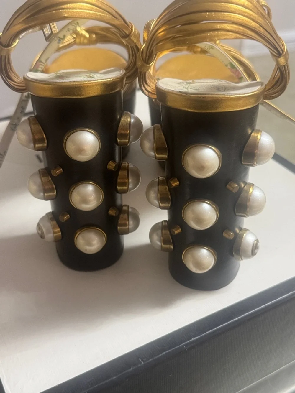 Gucci Gold Metallic Pearl-Embellished Platform Sandals - Picture 7 of 8